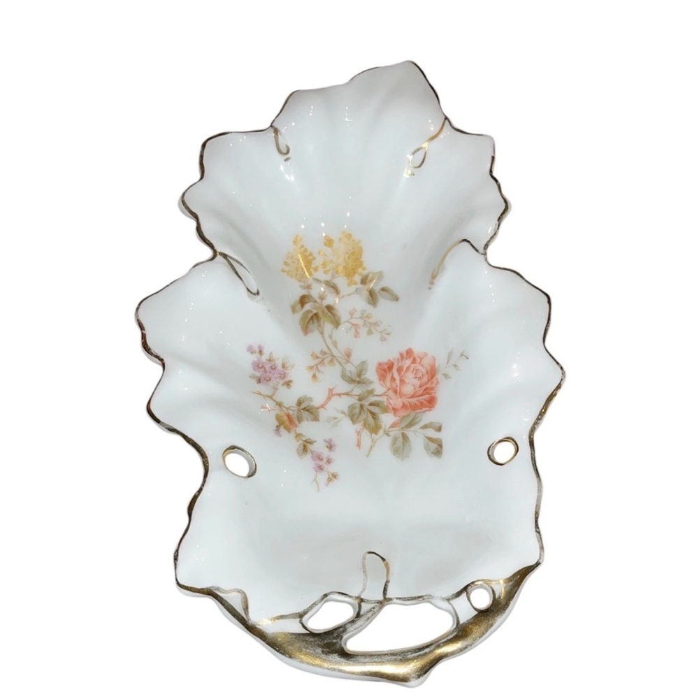 Cottage Core Carl Tielsch Antique Porcelain Floral Leaf Dish with Gold Trim
